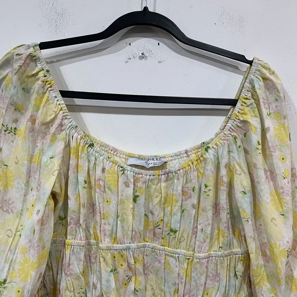 Sophie Rue Yellow Floral Cropped Puff Sleeve Peasant Top Size Medium Cottage - Picture 4 of 5